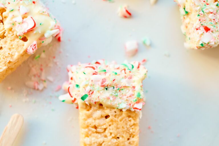 Pre made Rice Krispies dipped in white chocolate sprinkled with peppermint candy