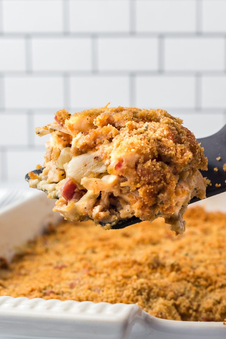 Comfort Casserole made with Shredded Chicken, Chopped Ham & Swiss cheese