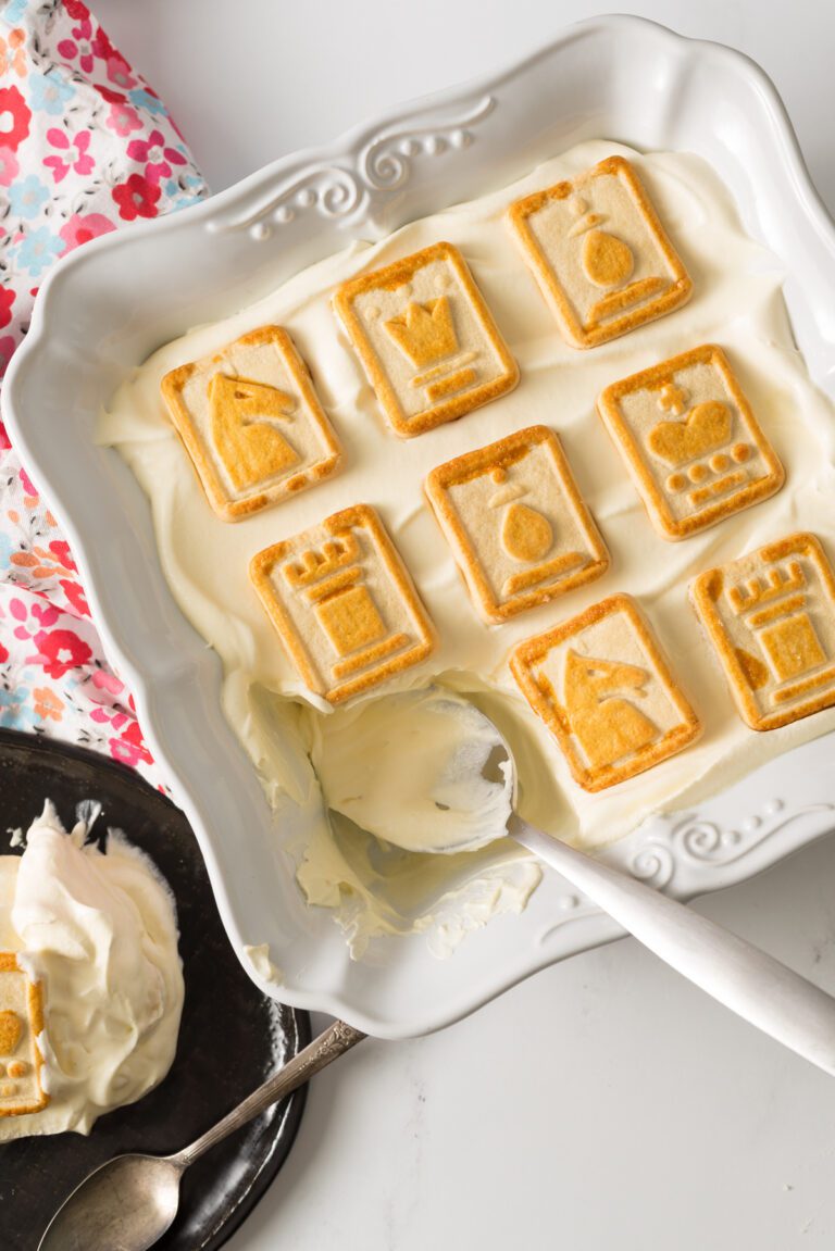 Banana Pudding made with Chess Cookies in an 8x8 ceramic dish