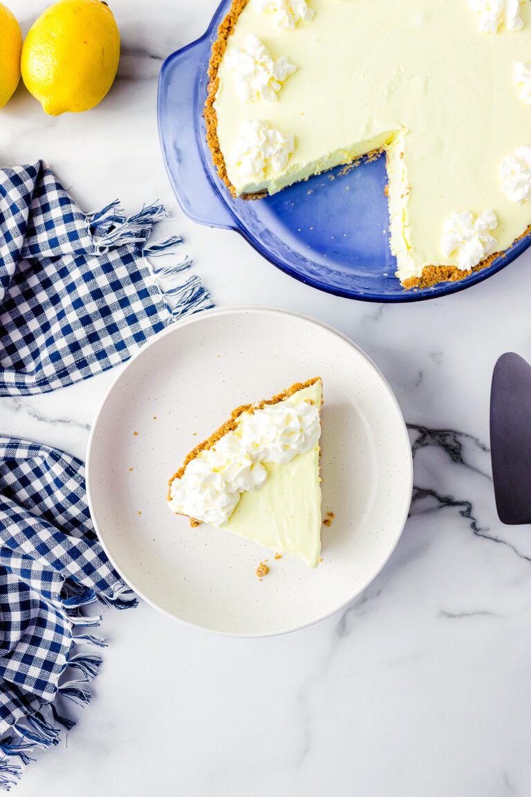 Frozen Dessert Pie made with lemonade, cool whip and ice cream.