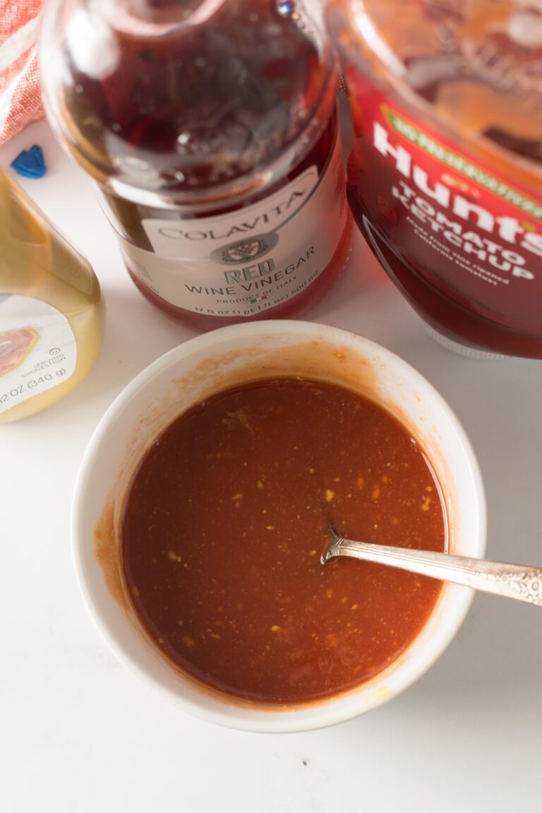 Homemade meatloaf glaze made with sugar, ketchup and red wine vinegar