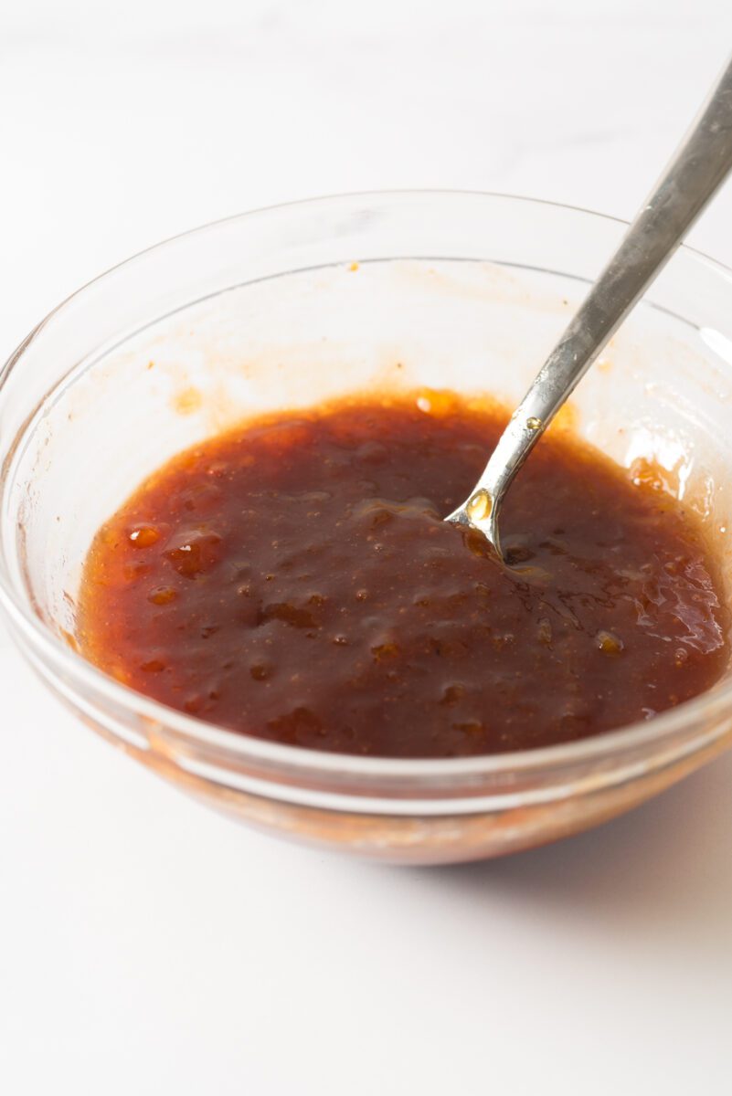 Meatloaf glaze made with sweet preserves and bbq sauce