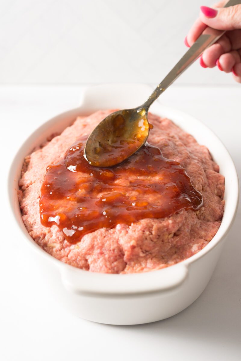 Meatloaf glaze made with sweet preserves and bbq sauce