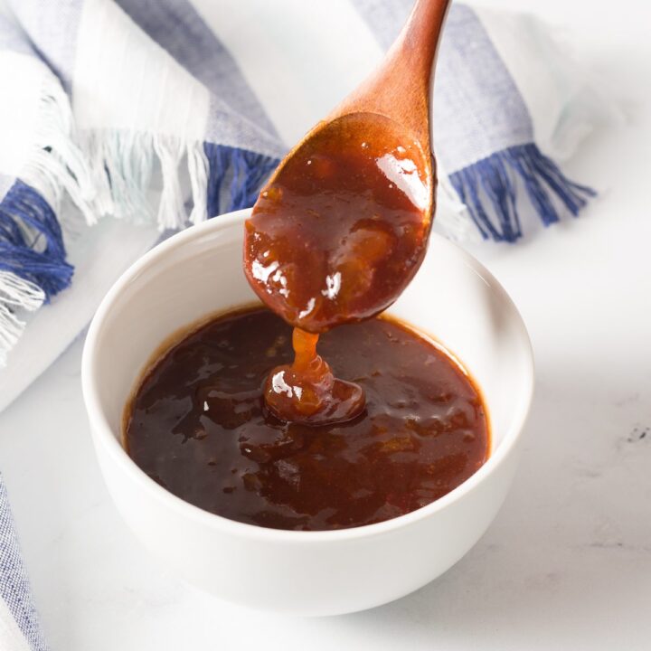 Meatloaf glaze made with sweet preserves and bbq sauce