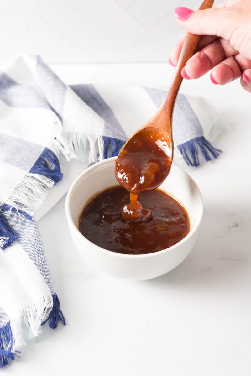 Meatloaf glaze made with sweet preserves and bbq sauce