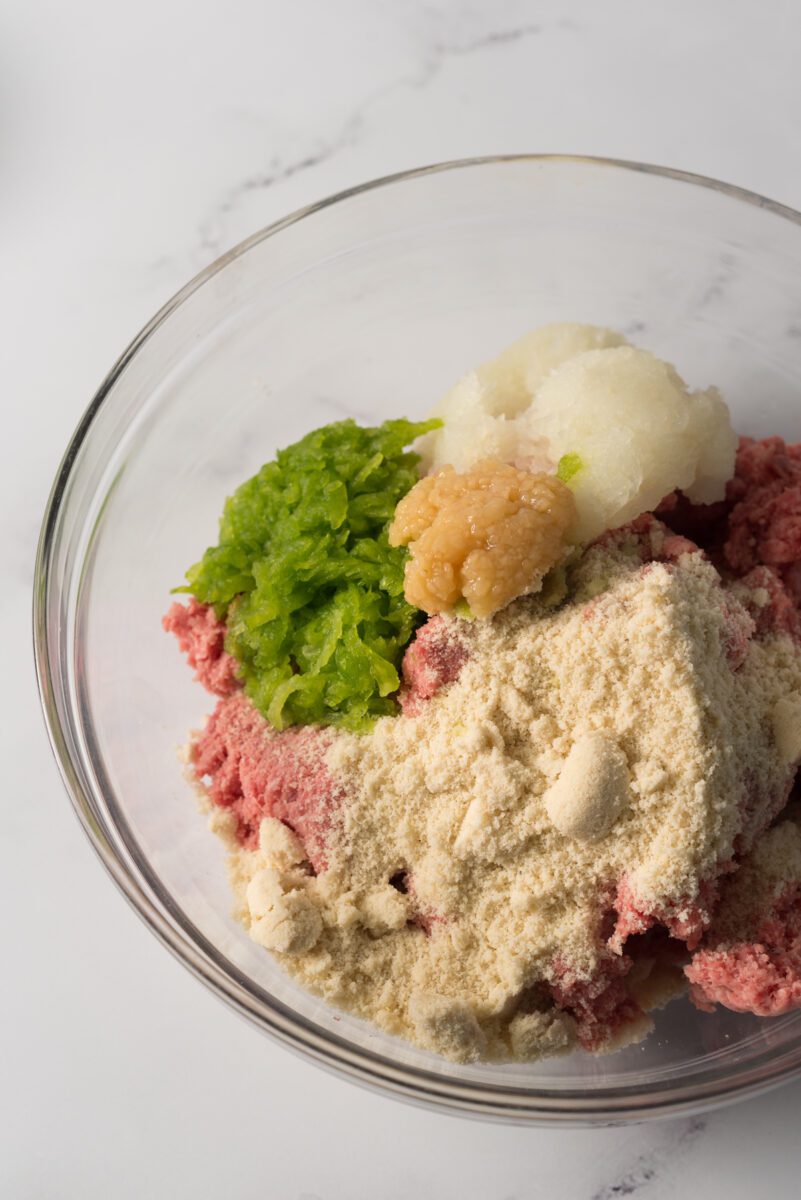 Combine beef, almond flour, bell pepper, onion