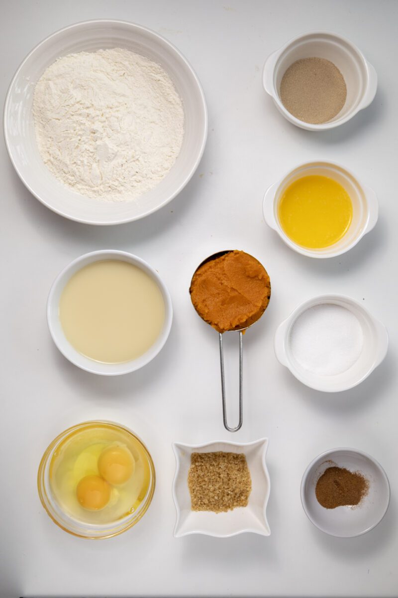 Gather all the ingredients to make homemade pumpkin cinnamon rolls