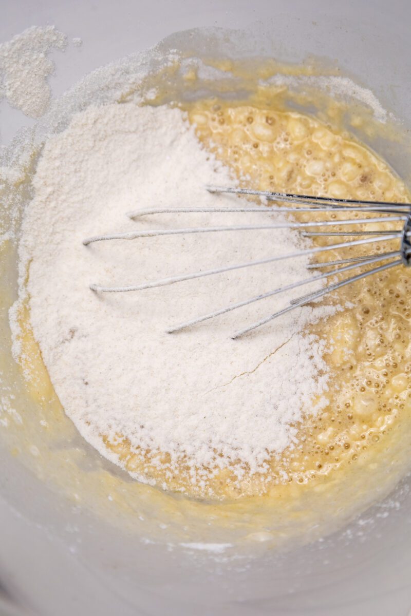 Add melted butter and eggs