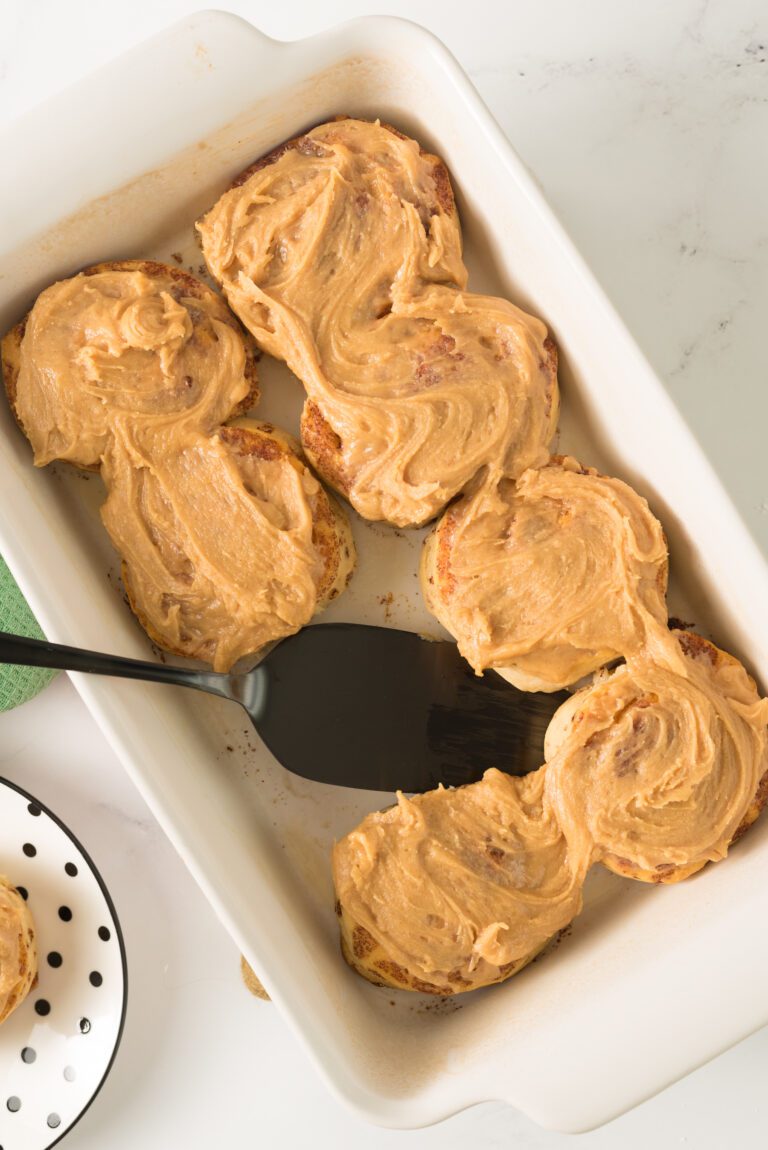 Store bought cinnamon rolls with a peanut butter topping