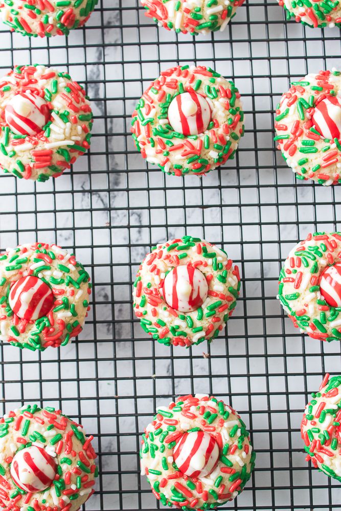 Fun Christmas cookies made with Red, green and white sprinkles and a peppermint chocolate kiss candy