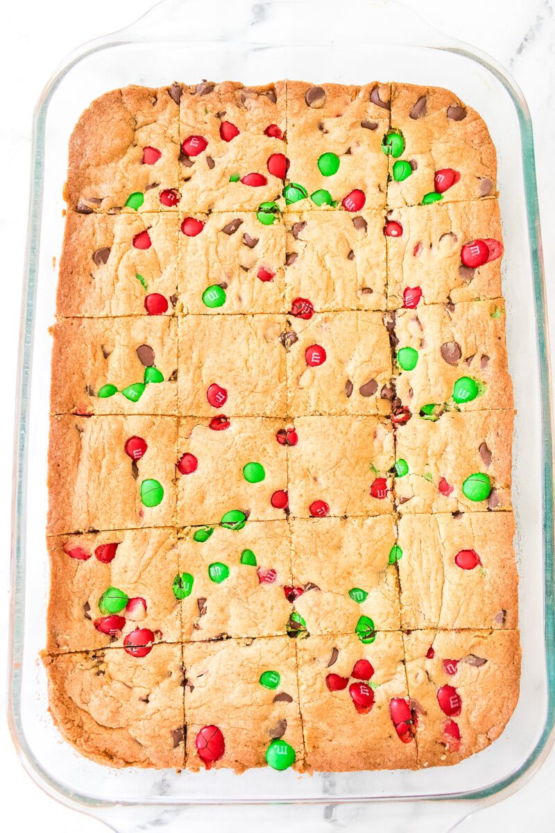 One Easy homemade Pan sized cookie cut into multiple bars