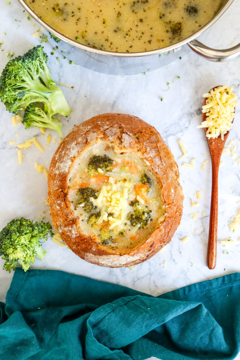 Broccoli Soup made on the stove top with Cheddar Cheese served in a bread bowl